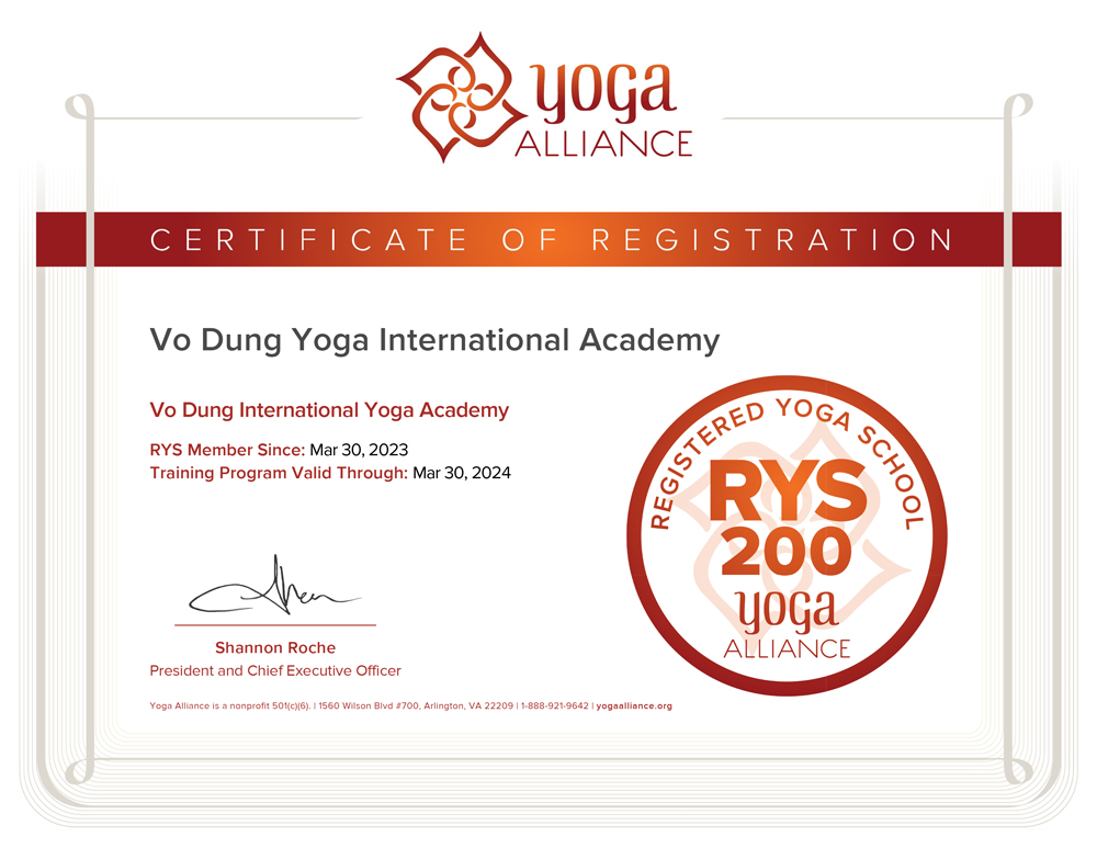 Vo Dung International Yoga Academy Certificate
